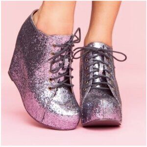 Jeffrey Campbell 99-TIE Boot Glitter LaceUp Wedge Platform Shoe Women's Size 7.5
